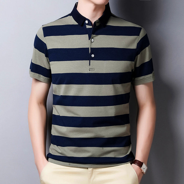 Men's Summer Lapel Short-sleeved T-shirt Cotton Striped Polo Shirt Business Casual Top