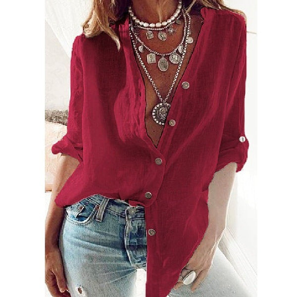 Women's Autumn Solid Color Cotton Pull-sleeve Loose V-neck Long-sleeved Top Shirt