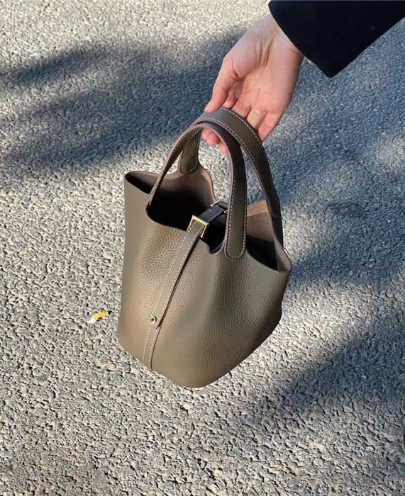 Genuine Leather Cowhide Hand-held Basket Bag for Women