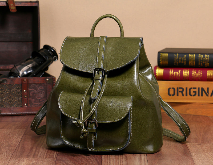Oil Wax Soft Leather Backpack for Women, Casual Travel Small Bag