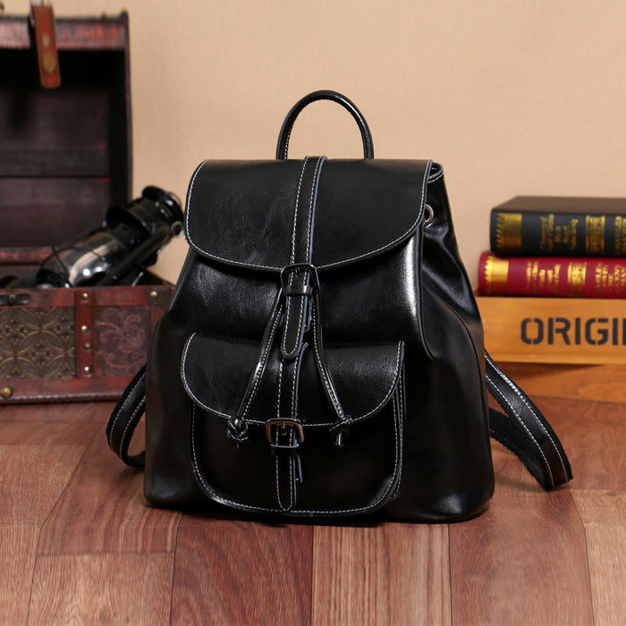 Oil Wax Soft Leather Backpack for Women, Casual Travel Small Bag