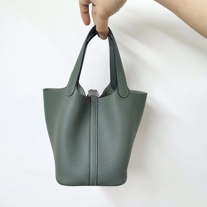 Genuine Leather Cowhide Hand-held Basket Bag for Women