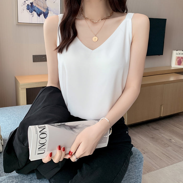 Women's Chiffon Camisole Summer V-neck Double Layer Loose and Thin Outer Wear White Inner Bottoming Shirt Top