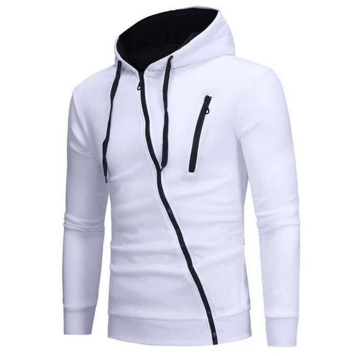 Men's Hooded Long-sleeved Cardigan Jacket. Diagonal Zipper Sports Casual Sweatshirt