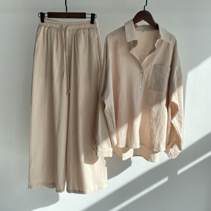 Ladies 2-Piece Vintage Cotton Linen Shirt Set High Waist Loose Trousers S - XL Women Set