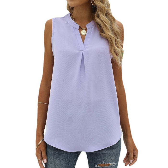 Women's Spring and Summer Solid Color Chiffon Shirt Loose V-neck Pullover Sleeveless Top Vest