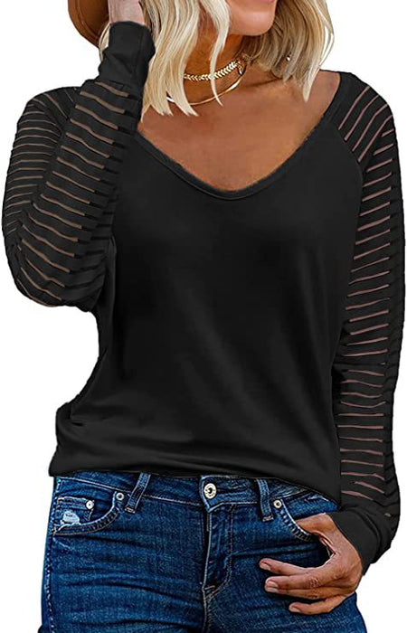 Women's Autumn and Winter Long-sleeved Tops Striped Patchwork Casual Loose Shirt T-shirt