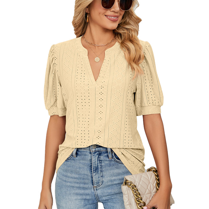 Women Summer Casual V-neck Solid Color Hollow Puff Sleeve Loose T-shirt Top