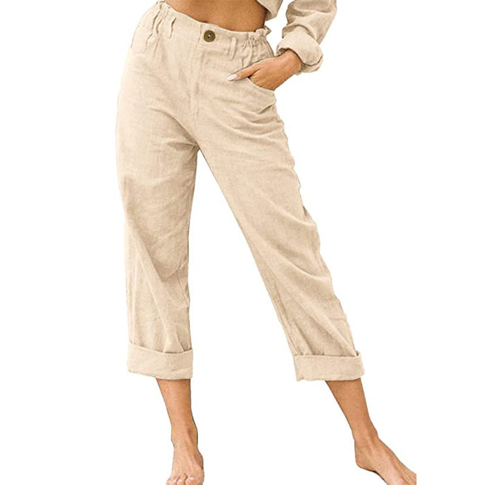Women's Summer Solid Color Cotton Linen Loose High Waist Casual Trousers Lady's Fashion