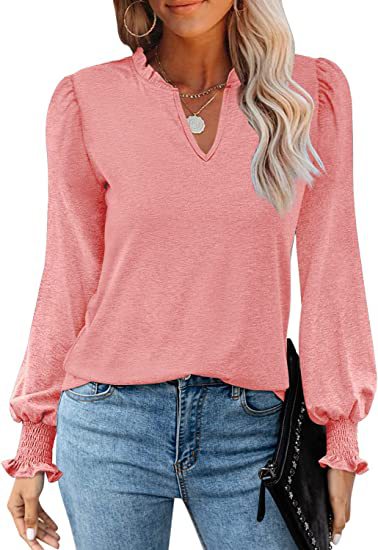 Women's V-neck Casual Long-sleeved T-shirt Pleated Puff Sleeve