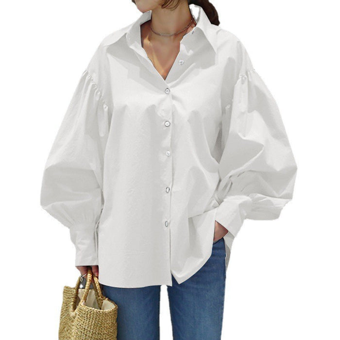 Women's Casual Shirts Balloon Sleeves Lapel Tops Retro Solid Color Tops Office Ladies Shirts