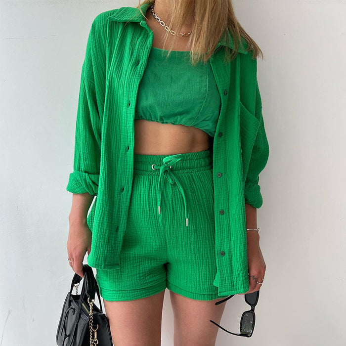 Women's Wrinkled Lapel Long-sleeved Shirt, High-waisted Drawstring Shorts, Fashionable and Casual Two-piece Set