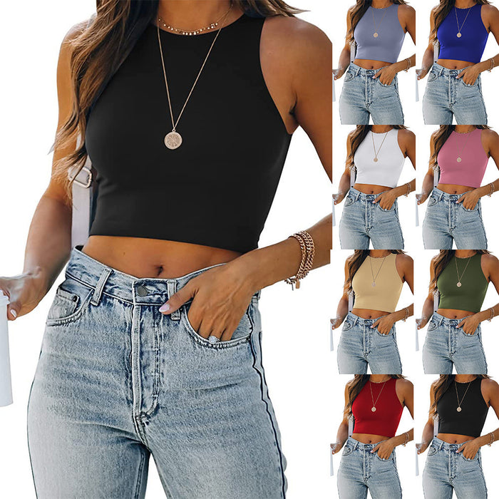 Women's Summer Solid Color Sleeveless Round Neck Racer Vest T-shirt Lady's Clothing