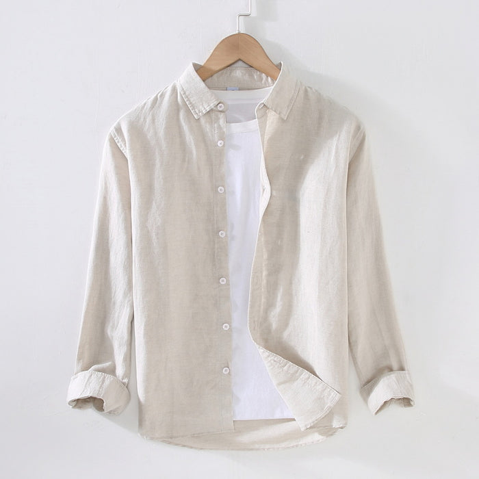Men's Spring and Summer Linen White Long-sleeved Shirt Cotton and Linen Shirt Business Casual Shirt