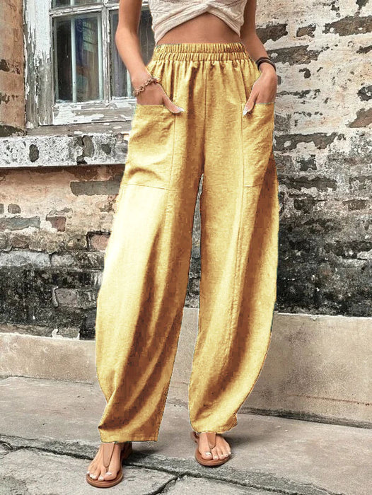 Women's Solid Color Pocket Pants Lady's Casual Pants Elastic Pants Trousers