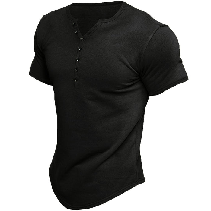 Men's Henley Short Sleeve Solid Color Button T-Shirt Summer Tops Man Tshirts