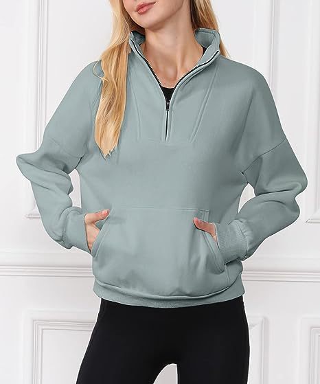 Women's Stand Collar Solid Color Sweater Pocket Zipper Women's Casual Loose Fleece Threaded Top