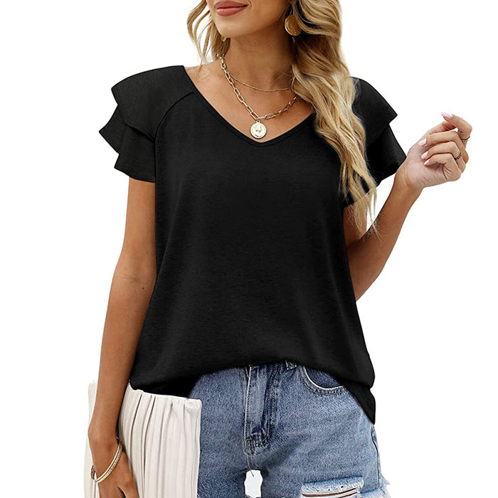 Women's Summer Solid Color V-neck Double Layer Ruffled Sleeve Loose Top T-shirt
