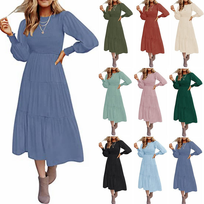 Women's Long Sleeve Gathered Layered Short Sleeve Swing Dress Lady Dresses