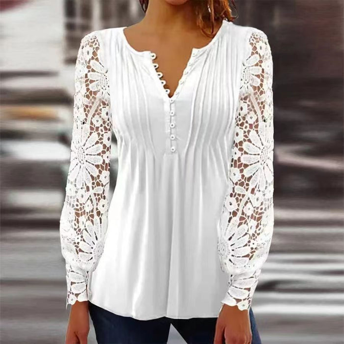 Spring and Autumn Fashion Women's Long Lace Sleeves Pleated Solid Color Button T-shirt Bottoming Shirt