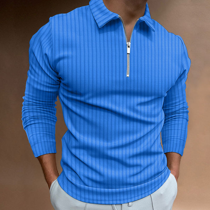Men's Autumn and Winter Long Sleeve POLO Tshirt Zipper Stripe Polo Shirt