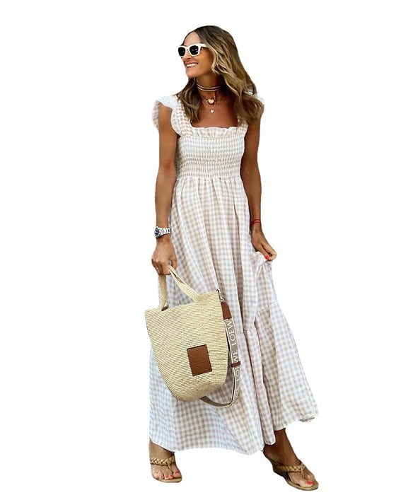 Women's Summer Collage Plaid Suspenders Casual Swing Dress Lady Dresses