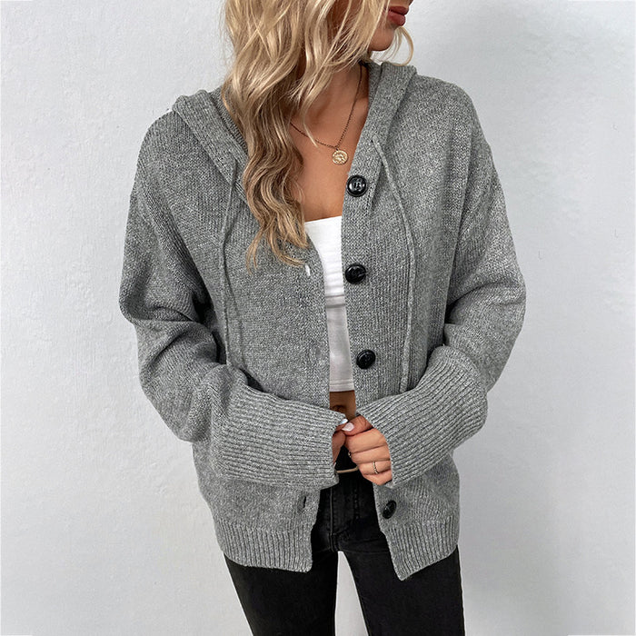 Women‘s Solid Color Hooded Single-breasted Sweater. Autumn and Winter Drawstring Knitted Cardigan Jacket