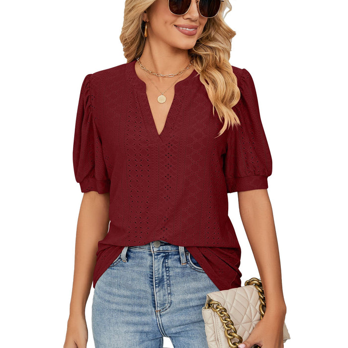 Women Summer Casual V-neck Solid Color Hollow Puff Sleeve Loose T-shirt Top