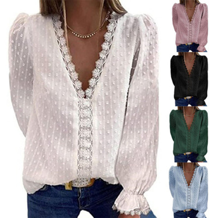 Women's Solid Color V-neck Embroidered Lace Long-sleeved Chiffon Shirt Amazon Hot Selling