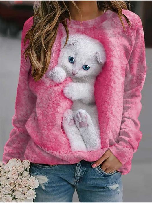 Spring Summer Long Sleeve Short Sleeve Round Neck Sweater Animal Pattern Loose Print Cat Printing