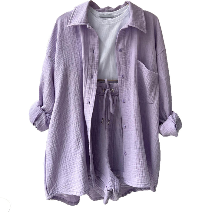 Women's Wrinkled Lapel Long-sleeved Shirt, High-waisted Drawstring Shorts, Fashionable and Casual Two-piece Set