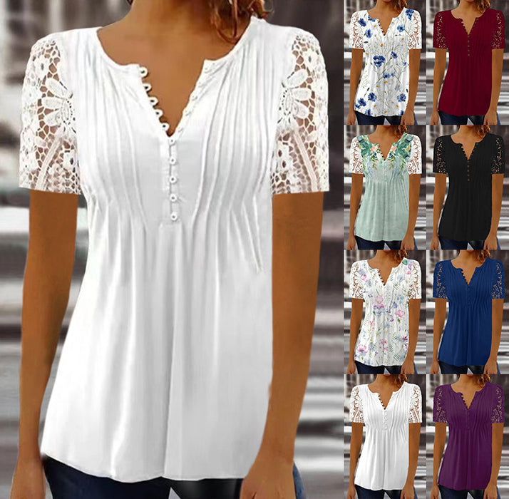 Women's Autumn and Spring Short Lace Sleeves Pleated Solid Color Button T-shirt Bottoming Shirt