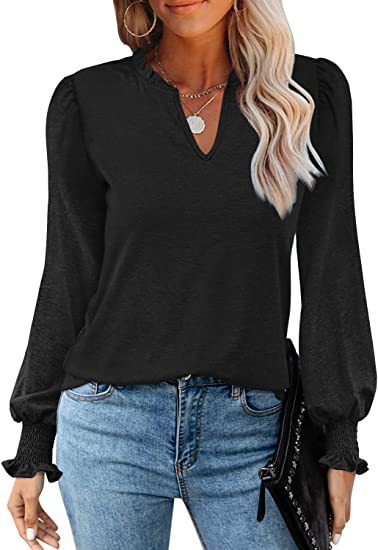 Women's V-neck Casual Long-sleeved T-shirt Pleated Puff Sleeve