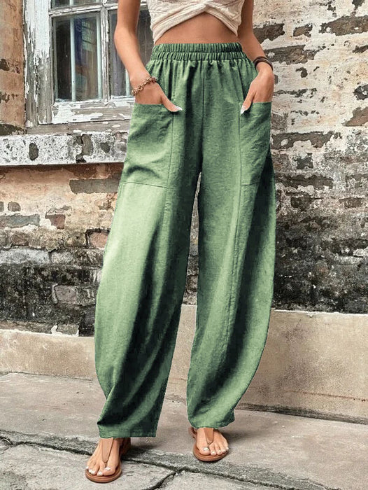 Women's Solid Color Pocket Pants Lady's Casual Pants Elastic Pants Trousers