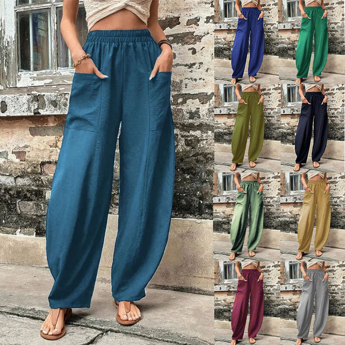 Women's Solid Color Pocket Pants Lady's Casual Pants Elastic Pants