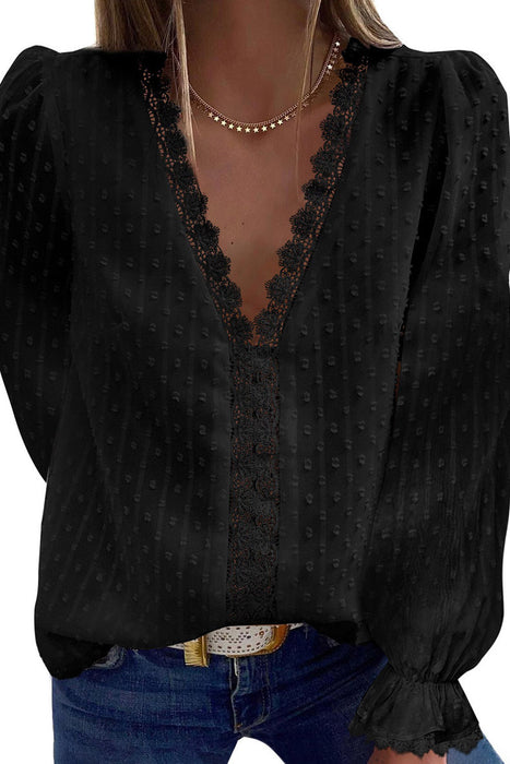 Women's Solid Color V-neck Embroidered Lace Long-sleeved Chiffon Shirt Amazon Hot Selling