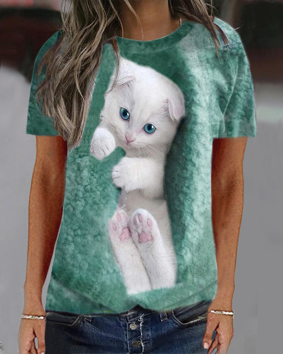 Spring Summer Long Sleeve Short Sleeve Round Neck Sweater Animal Pattern Loose Print Cat Printing