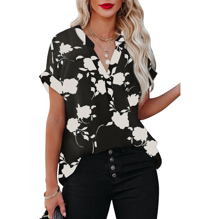 Women's Summer Floral Print Short-sleeved Shirt Lady's Loose V-neck Top