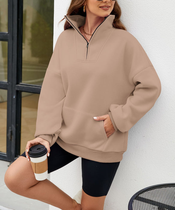 Women's Stand Collar Solid Color Sweater Pocket Zipper Women's Casual Loose Fleece Threaded Top