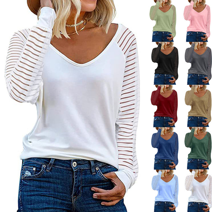 Women's Autumn and Winter Long-sleeved Tops Striped Patchwork Casual Loose Shirt T-shirt