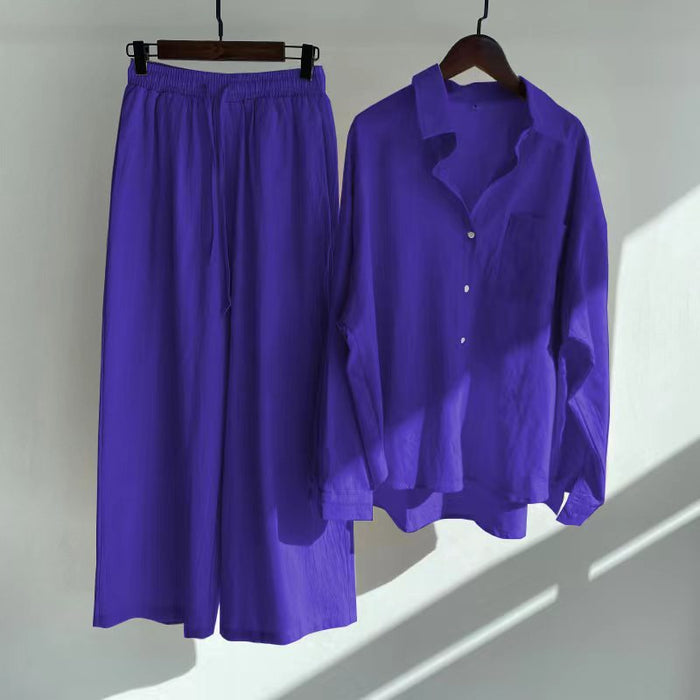 Ladies 2-Piece Vintage Cotton Linen Shirt Set High Waist Loose Trousers S - XL Women Set