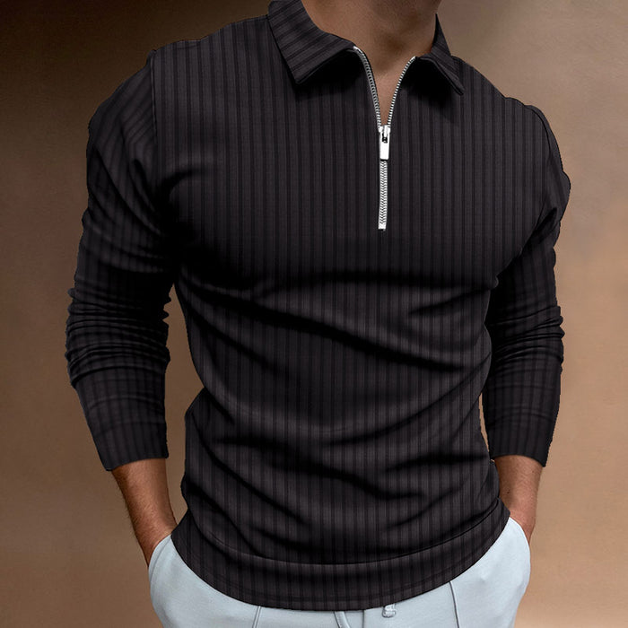 Men's Autumn and Winter Long Sleeve POLO Tshirt Zipper Stripe Polo Shirt