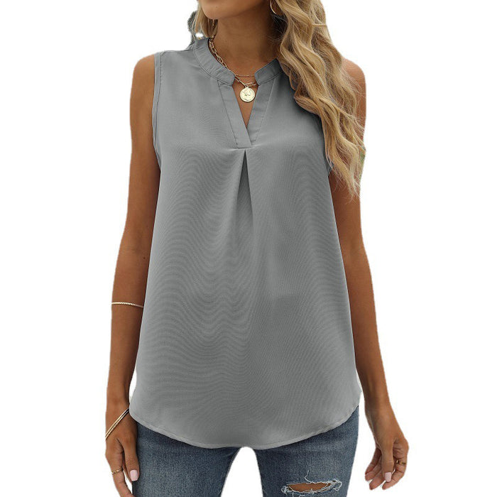 Women's Spring and Summer Solid Color Chiffon Shirt Loose V-neck Pullover Sleeveless Top Vest