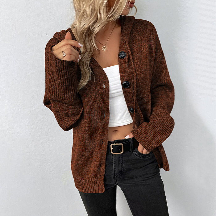 Women‘s Solid Color Hooded Single-breasted Sweater. Autumn and Winter Drawstring Knitted Cardigan Jacket