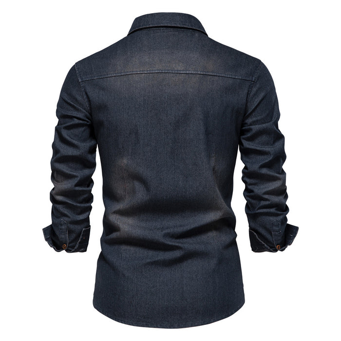 Men's Denim Non-Iron Casual Shirt Men Long Sleeve Solid Color Shirts
