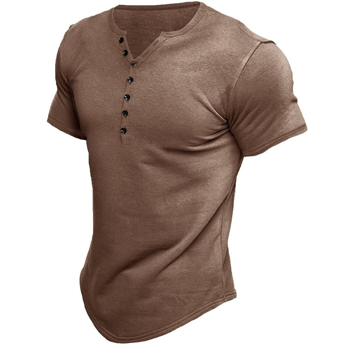 Men's Henley Short Sleeve Solid Color Button T-Shirt Summer Tops Man Tshirts