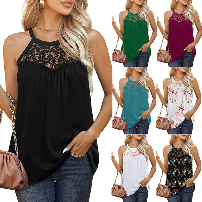Women's Lace Pleated Solid Color Sleeveless Vest T-Shirt Ladies Clothes