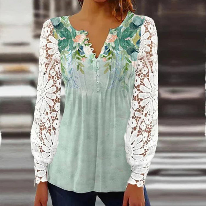 Spring and Autumn Fashion Women's Long Lace Sleeves Pleated Solid Color Button T-shirt Bottoming Shirt