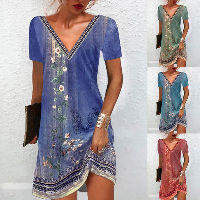 Spring and Summer Women's Printed Casual V-neck Short-sleeved Dress