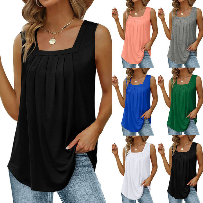 Women's Summer Pleated Square Neck Sleeveless Swallowtail Vest T-Shirt